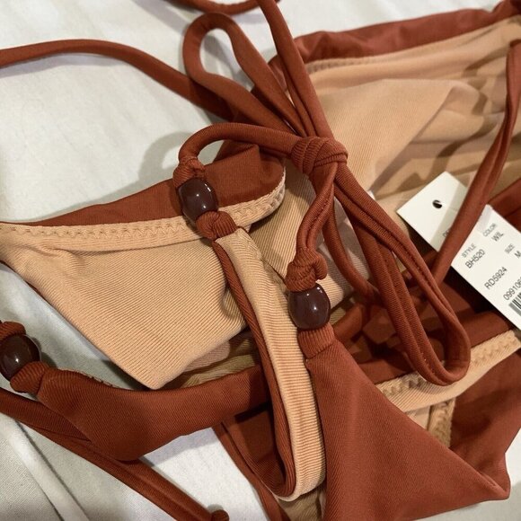 J Crew Swimsuit Womens Medium Bikini Bottom String Cheeky Curved Beads Brick Red - Picture 7 of 10